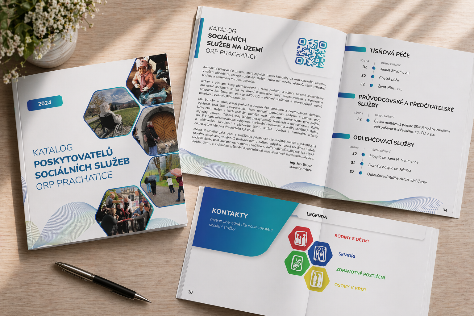Katalog sociálních služeb Prachatice - Pro město Prachatice jsem vytvořil grafický návrh katalogu poskytovatelů sociálních služeb v rámci komunitního plánování. Katalog obsahuje přehledné informace o jednotlivých organizacích a QR kódy pro snadný přístup k detailům.